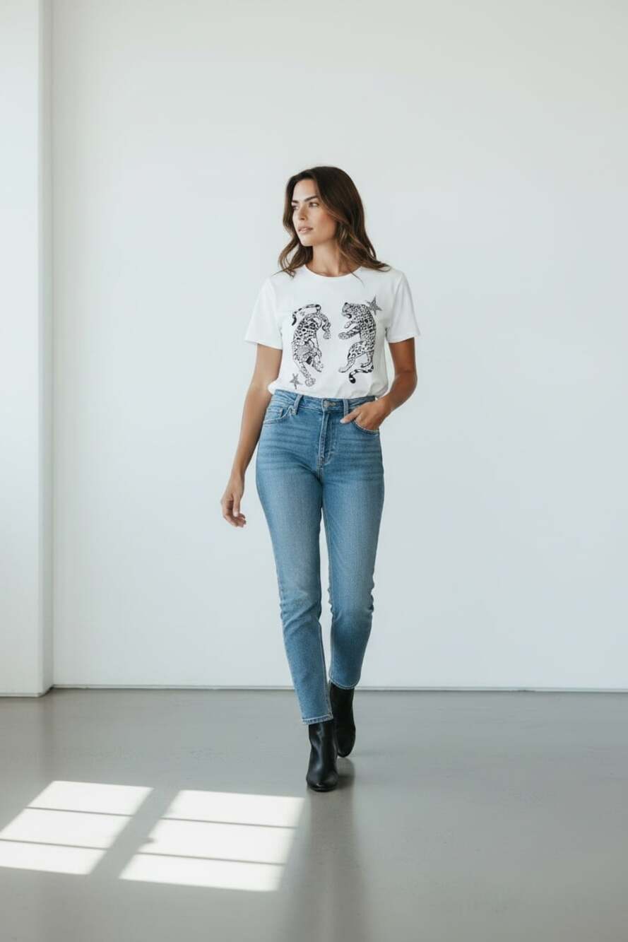 White Leopard Graphic Print Short Sleeve T-Shirt